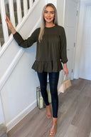 Olive Long Sleeve Round Neck Smock Top
