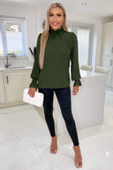 Olive Elasticated Cuff And Neck Long Sleeve Top