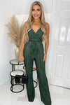 Khaki Wrap Top Tie Waist Full Length Plisse Jumpsuit