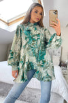 Green Marble Print Tie Neck Shirt