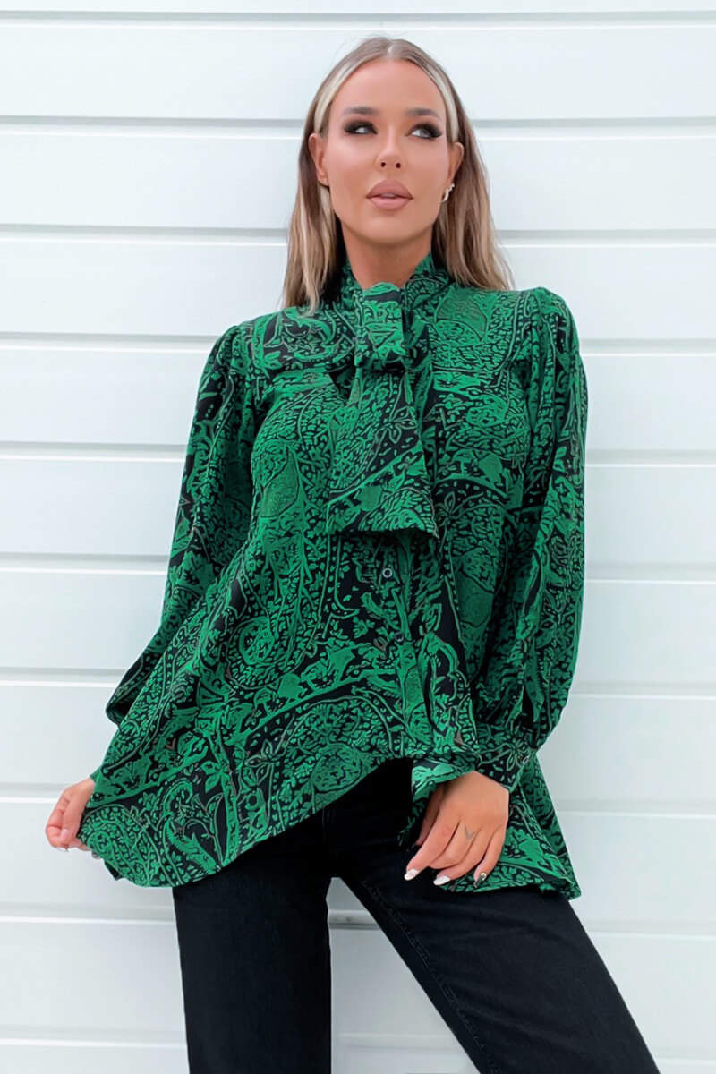 Green Printed Tie Neck Blouse