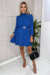 Cobalt High Neck Long Puff Sleeve Belted Skater Dress