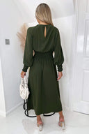Olive Elasticated Waist Midi Dress With Split