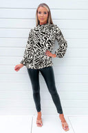Black And Stone Printed Long Sleeve High Neck Blouse