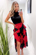 Red and Black Floral Print 2 in 1 Midi Dress
