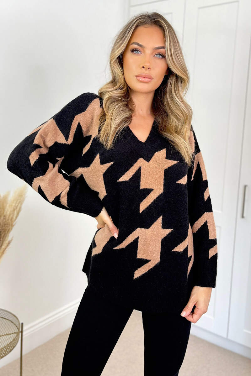 Black And Camel Long Sleeve V Neck Houndstooth Print Knitted Jumper