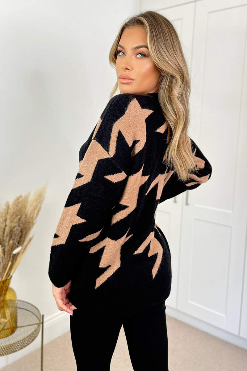 Black And Camel Long Sleeve V Neck Houndstooth Print Knitted Jumper