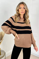 Black And Camel Long Sleeve Round Neck Striped Knitted Jumper