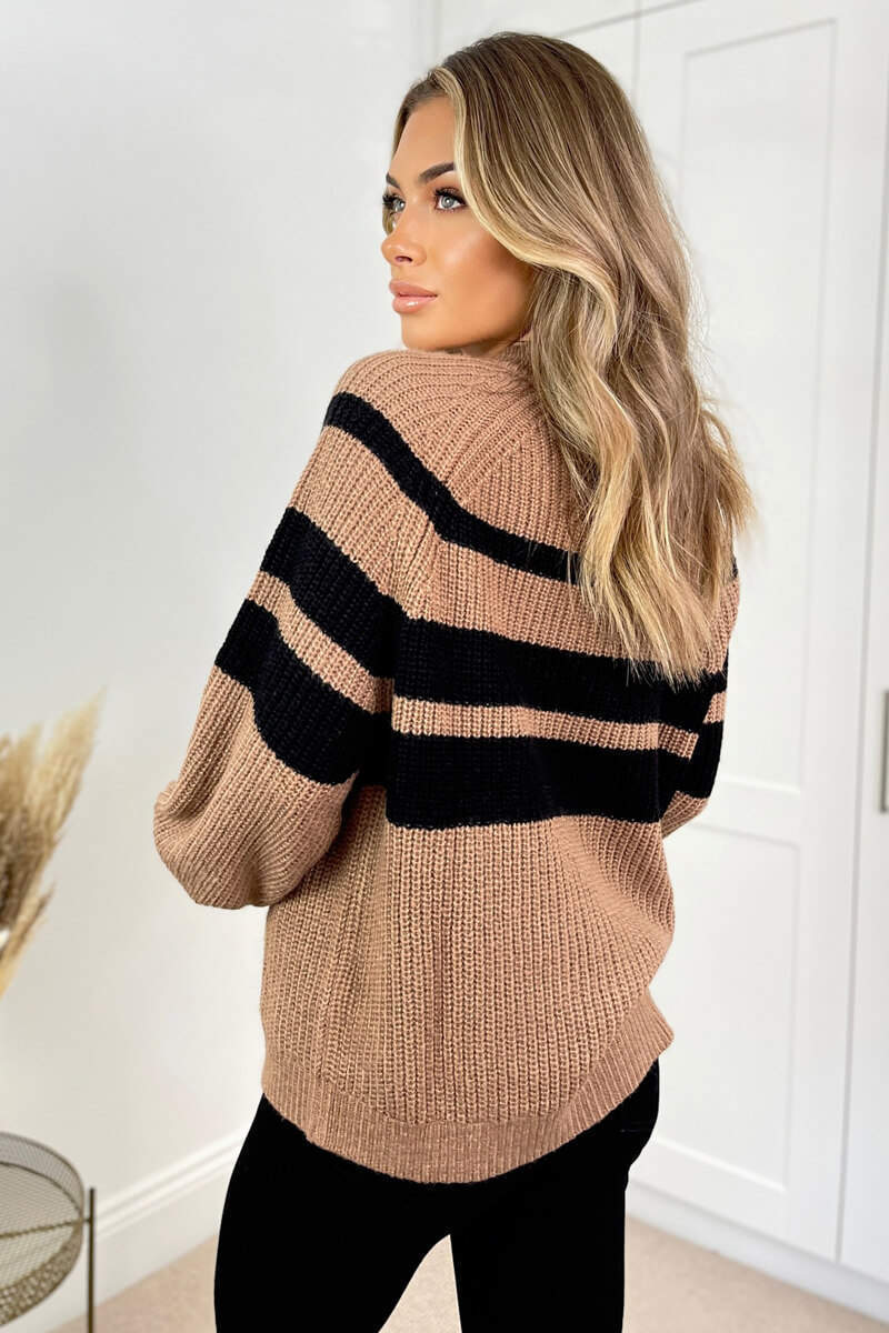 Black And Camel Long Sleeve Round Neck Striped Knitted Jumper