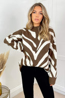Oatmeal Animal Print Long Sleeve High Neck Soft Knitted Jumper
