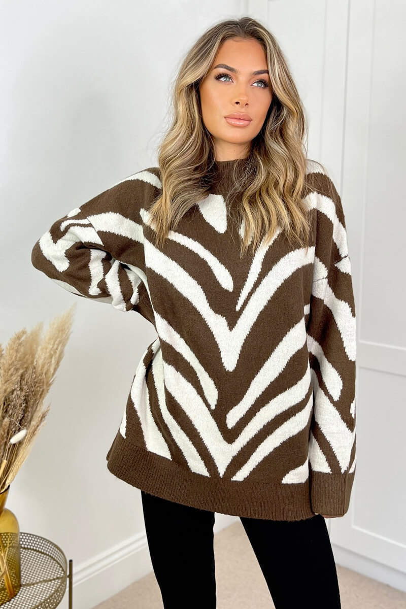 Oatmeal Animal Print Long Sleeve High Neck Soft Knitted Jumper