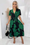 Black And Green Floral Pleated Midi Dress