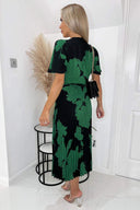 Black And Green Floral Pleated Midi Dress