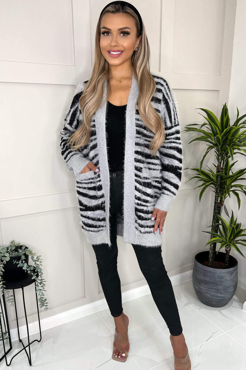 Grey And Black Fluffy Knit Long Sleeve Animal Print Cardigan