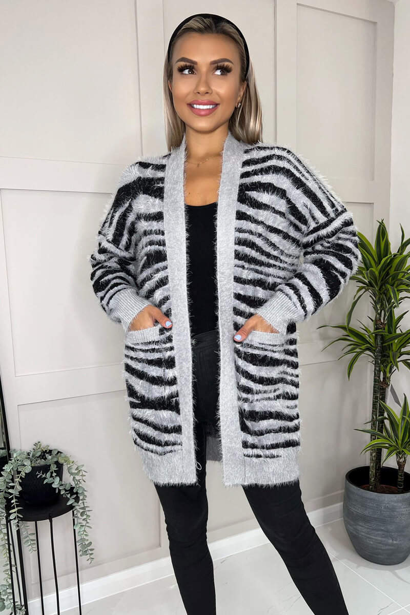 Grey And Black Fluffy Knit Long Sleeve Animal Print Cardigan