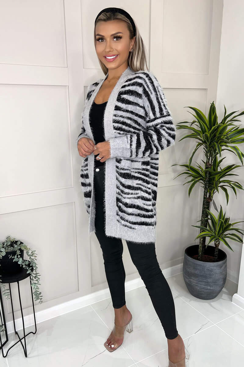 Grey And Black Fluffy Knit Long Sleeve Animal Print Cardigan