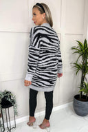 Grey And Black Fluffy Knit Long Sleeve Animal Print Cardigan