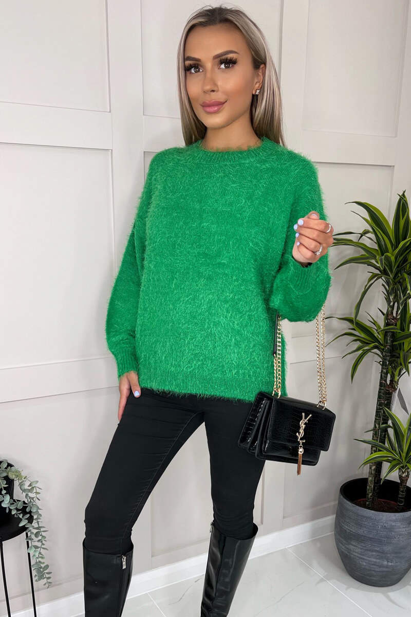 Green Soft Knit Round Neck Long balloon Sleeve Knitted Jumper