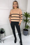 Mocha And Black Striped Print Long Sleeve Round Neck Knitted Jumper