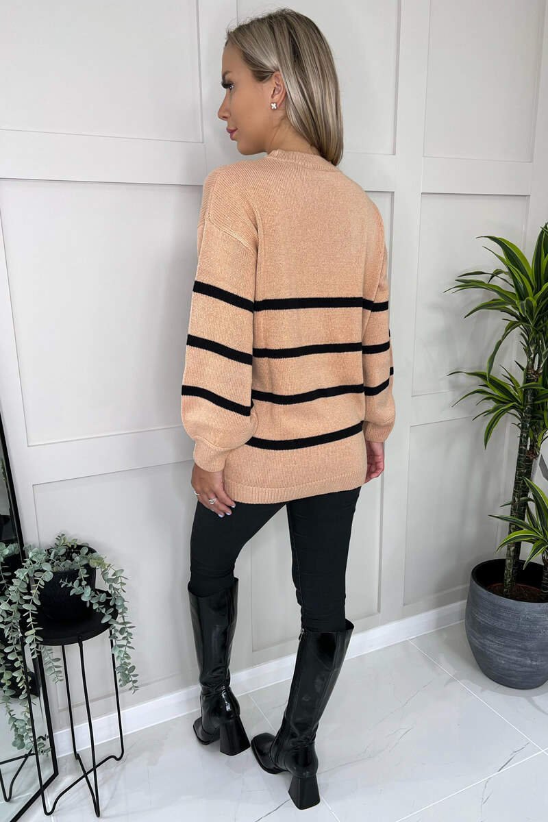 Mocha And Black Striped Print Long Sleeve Round Neck Knitted Jumper