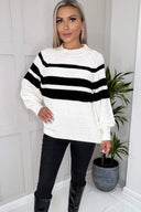 Black And Cream Long Sleeve Round Neck Striped Knitted Jumper