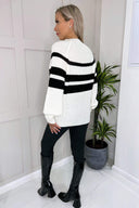 Black And Cream Long Sleeve Round Neck Striped Knitted Jumper