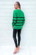 Green And Black Striped Print Long Sleeve Round Neck Knitted Jumper