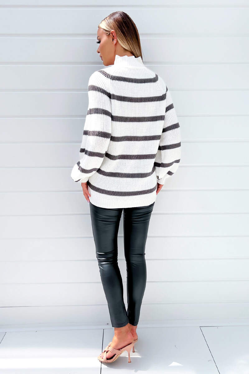 Cream And Grey Striped Long Balloon Sleeve High Neck Knitted Jumper