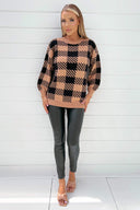 Camel And Black Check Pattern Round Neck Knitted Jumper