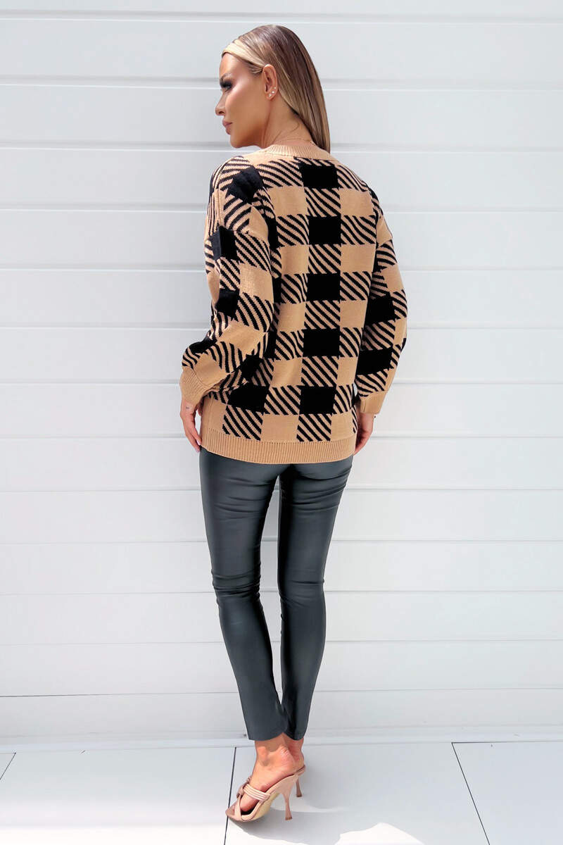 Camel And Black Check Pattern Round Neck Knitted Jumper