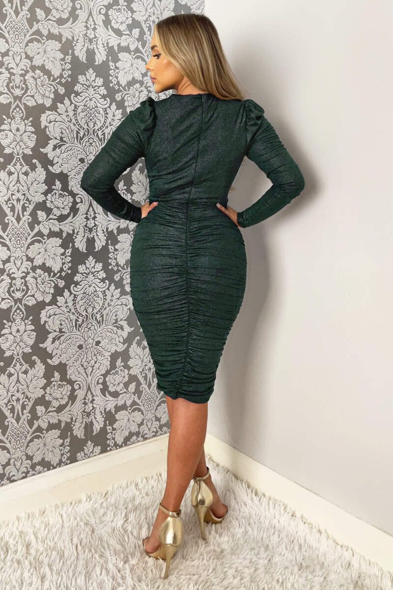 Teal Wrap Top Long Sleeve Ruched Shimmer Bodycon Midi Dress