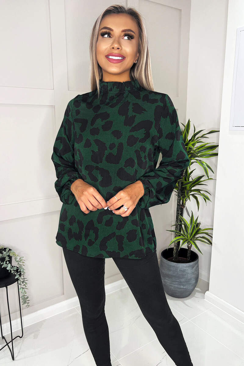 Green Leopard Print Long Sleeve Top