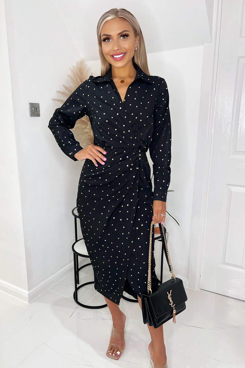 ax paris black and gold dress Black And Gold Polka Dot Long Sleeve Frill Hem Mini Dress AX Paris