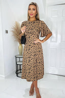 Camel And Black Printed Butterfly Sleeve Midi Dress With Split