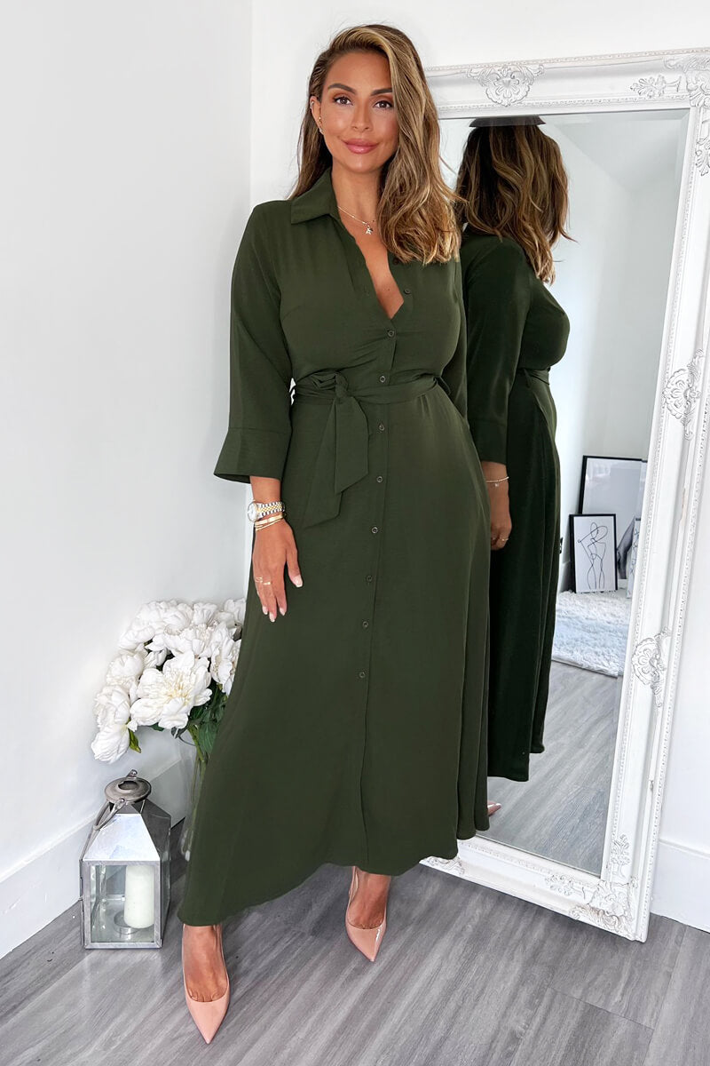olive green shirt dress Olive Button Up Midi Shirt Dress – AX Paris US