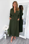 Olive Button Up Midi Shirt Dress