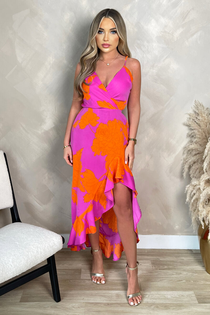 Pink And Orange Floral Printed Wrap Over Strappy Midi Dress
