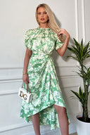 Green Floral Printed Short Puff Sleeve Gathered Side Midi Dress