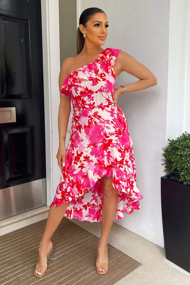 Pink Floral One Shoulder Frill Detail Dipped Hem Dress – AX Paris US