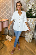 Cream Button Up Ruched Detail Smock V-Neck Top