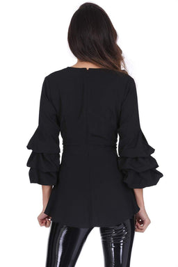 Black Wrap Ruffle Sleeve Top