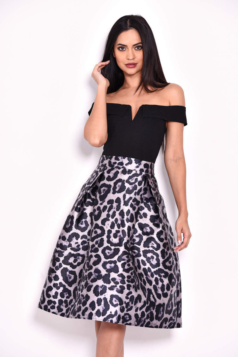 Animal Print 2 in 1 Structured Skirt Bardot Dress