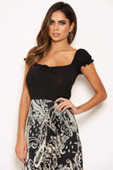 Black Printed Layered Frill Ruched Sleeve Dress