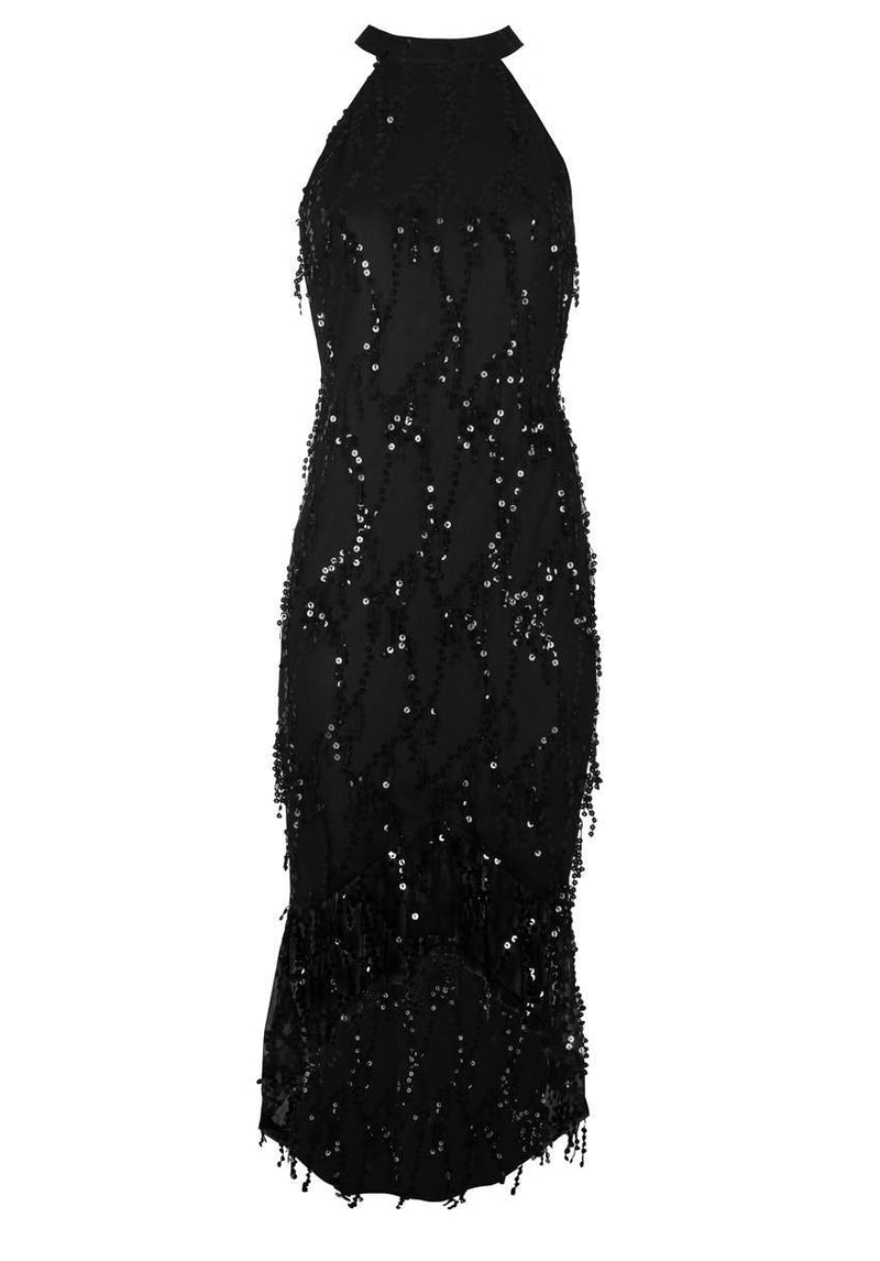 Black Cut In Dipped Hem Sequin Dress