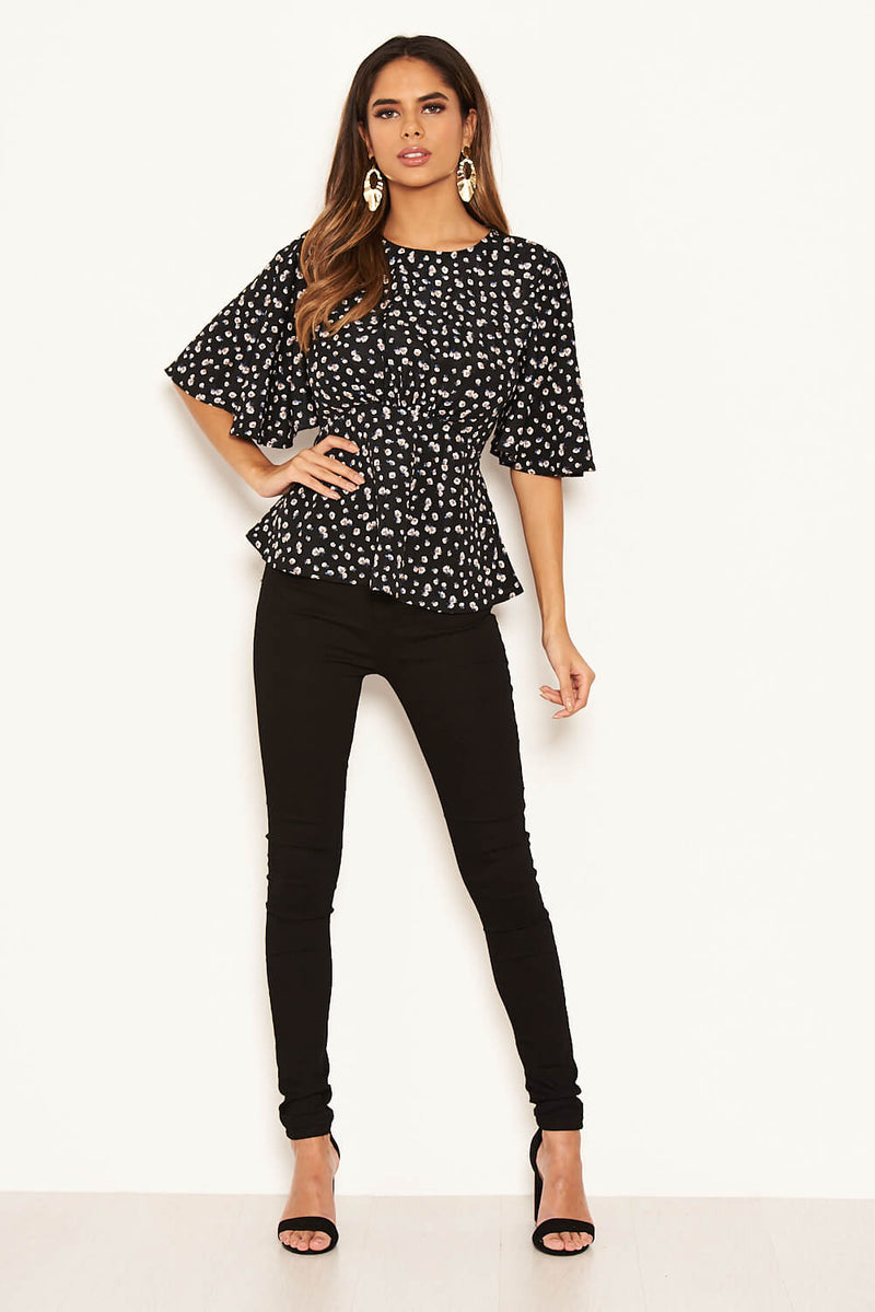 Black Ditsy Floral Flared Blouse