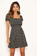 Black Ditsy Floral Puff Sleeve Day Dress