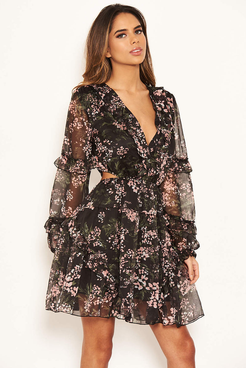 Black Floral Frill Cut Out Dress