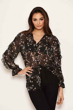 Black Floral Frill Sheer Shirt