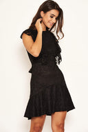Black Lace Tie Front Frill Dress