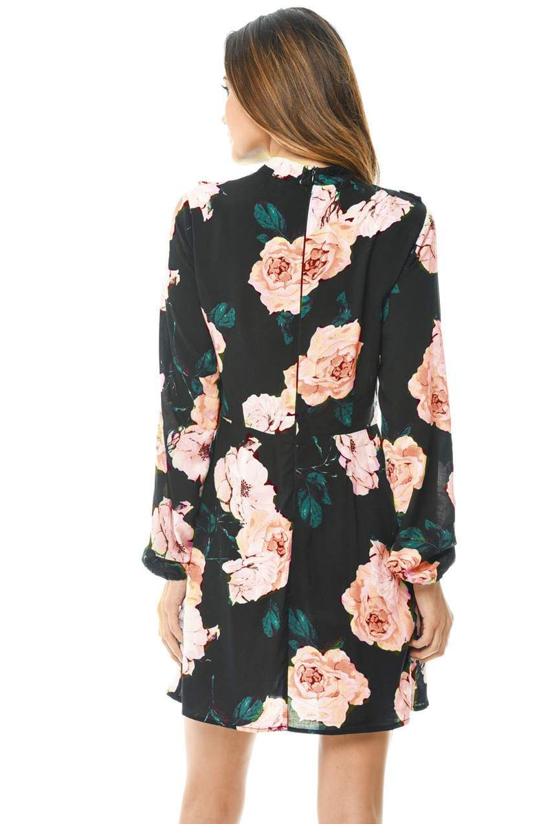 High Neck Black Floral Mini Dress